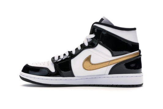 Jordan 1 Mid Patent Black White Gold